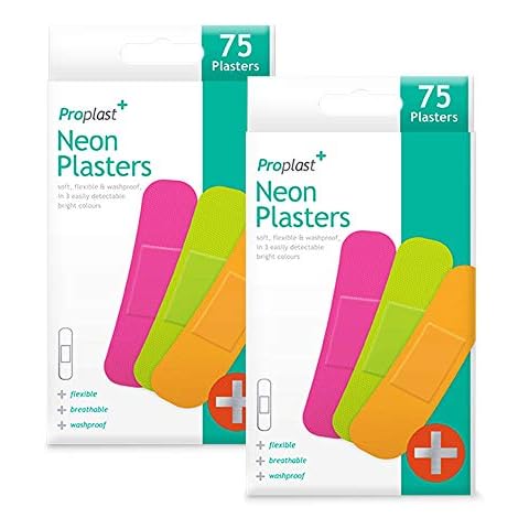 PROPLAST Neon Waterproof Plasters - Fun Plasters for Kids - Brightly Coloured and Easily Detectable Assorted Plasters, 72 x 19 Millimeter Size, 75 Plasters (Pack of 2) Cover