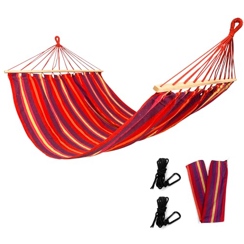 Rijoka Hamac avec barre d'écartement - 200 x 140 cm - Rayures rouges - 1 personne - Avec 2 crochets, corde et sac de rangement