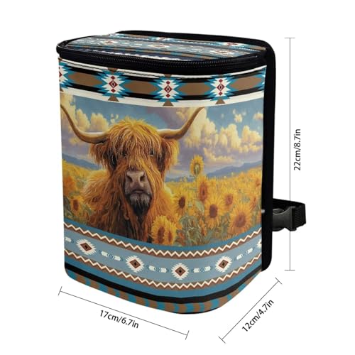 Image of Talayituse Aztec Highland Cattle American Tribal Print Car Trash Can, Auto Garbage Bin with Adjustable Straps, Foldable Car Trash Bin Hanging Storage Organizer Bag Container for Camping Picnic