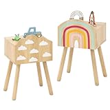 RELAX4LIFE Nachttisch Kinder, 2er-Set Nachtschrank mit kleinem Schrank, Beistelltisch mit niedlichem Regenbogen- & Wolkenmotiv, rutschfeste Füße & Massivholzbeinen, für Kinderzimmer, 34 x 30 x 54 cm