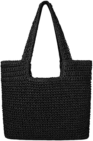 Women Large Straw Beach Bag Handmade Woven Shoulder Bags Hobo Tote Handbag Purse for Summer(A Black)