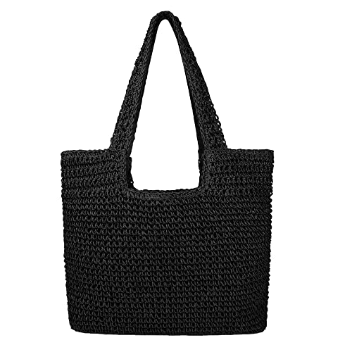 Women Large Straw Beach Bag Handmade Woven Shoulder Bags Hobo Tote Handbag Purse For Summer(A Black) #TOP3