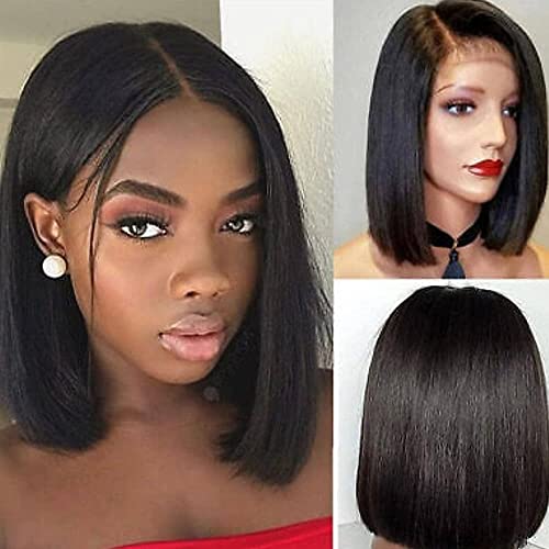 Noble Bob 4X4 Lace Front Wig Short Straight Black Bob Wigs For Women With Baby Hair Free Part Glueless Synthetic Lace Front Bob Wigs For Daily Party Cosplay Use 11.5 Inch #TOP6