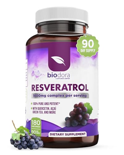 resveratrol 1600mg trans-resveratrol antioxidant supplement with green tea grape seed extract and quercetin helps to support digestive health and immune system 180 capsules