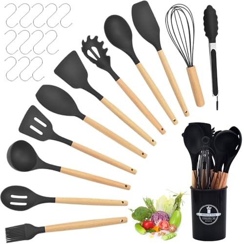 Kitchen Utensil Set, 12 Pcs Silicone Cooking Utensils Set, Silicone Kitchen Utensils Set Cooking Utensils Set with Holder Natural Wooden Handles Cooking Tool(Black)