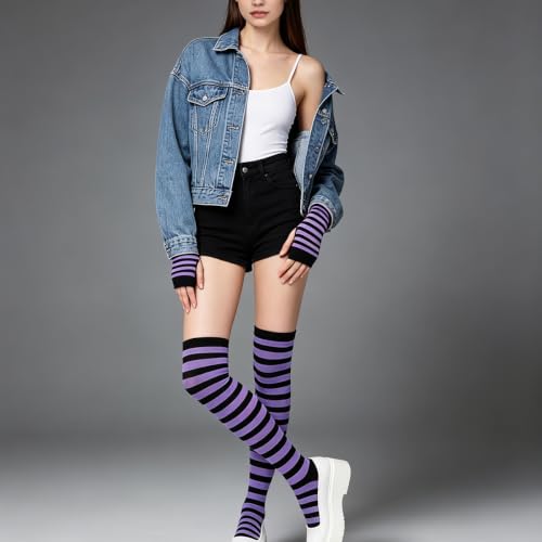 Image of YELAIVP Over Knee Rainbow Thigh High Socks Gloves Set Cosplay Accessories Arm Leg Warmers for Girls