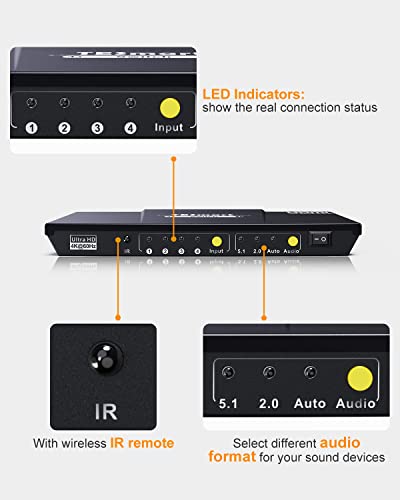 Tesmart 4X1 Hdmi Switch 4K Hdmi Switcher Box With Optical Audio Out,4 In 1 Out Hdmi Splitter With Ir Remote Control,Power Cable,Hdcp/4Kx2K/Hdr,For Gaming Console & Home Office #TOP7