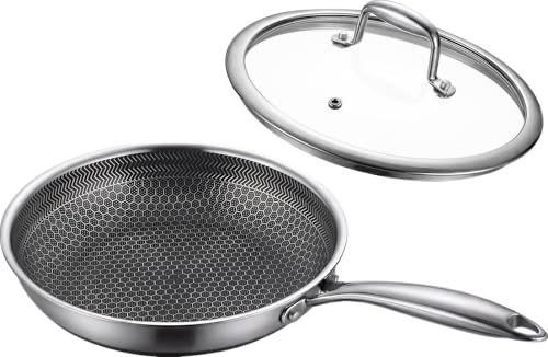 KC-Emier 8 Non-Stick Frying Pan with Lid Tri-Ply Stainless Steel Pan with Stay-Cool Handle Oven & Dishwasher Safe For Induction Ceramic & Gas Stovetops