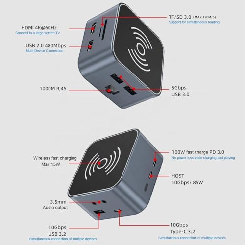 Image of 12-in-1 Type C Dock with 4K HDMI, Mag /SFE Wireless 15W, 4xUSB Ports PD 100W, Mic, Ethernet & Audio Port, SD & MicroSD Slot, All Type C Devices, Windows /Ma /Book Laptops Tablets (12-in-1 Type C Dock)