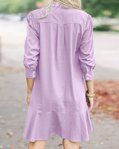 Image of YEXPINE Women's Tunic Mini Shirt Dress Cotton Linen Long Sleeve Button Up Ruffle Hem Loose Casual Summer Pockets Shift Dress