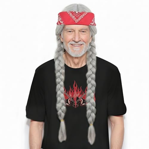 NIUOBYS Long Gray Braided Wig with Bandana Mens Hippie 60s 70s Retro Costume Hair for Halloween Party