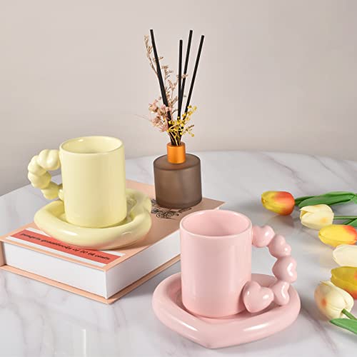 Koythin Ceramic Coffee Mug With Saucer Set, Cute Creative Electroplated Cup With Gourd Handle Love Heart Shape Design For Office And Home, 10 Oz/300 Ml For Latte Tea Milk (Peach Pink) #TOP2