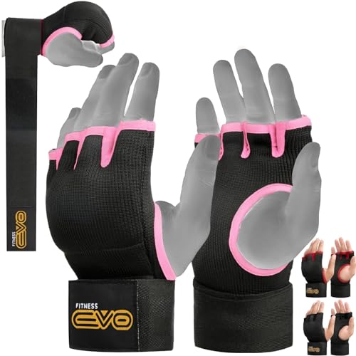 EVO Fitness Boxing Hand Wraps 93cm Quick Long Wrist Straps Gel Inner Gloves Elasticated Fist Protection Padded Muay Thai MMA Martial Arts Punching Speed Bag Training Bandages (Black/Pink, S/M)
