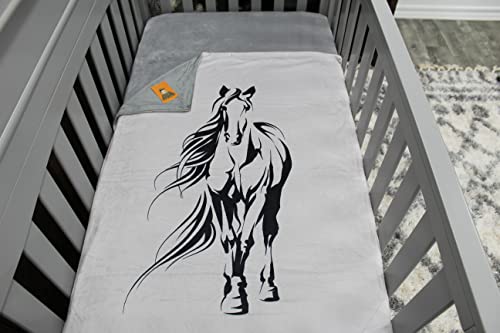 Image of Dear Baby Gear Deluxe Double Layer Baby Blanket - Gender Neutral Infant Blankets for Girls & Boys - Nursery Blanket for Newborn - Faux Quilt Soft Toddler Blankets - Black Horse on Gray Print- 40x30