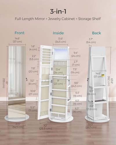 Image of SONGMICS 6 LEDs Mirror Jewelry Cabinet Organizer, 360 Swivel, Lockable