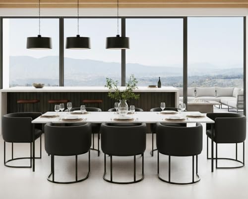 Image of HNY Mid Century Modern Upholstered Barrel Black Dining Chairs with Arms Set of 8, Leather Kitchen & Dining Room Chairs, 18.5 inch Wide Accent Chairs for Dining Room Living Room with Black Metal Frame