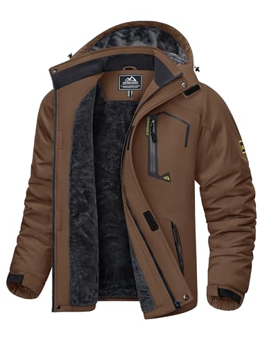 KEFITEVD Chaqueta Esquí Impermeable Cálida para Hombres Chaquetas Térmicas Lana Deportes Invierno Abrigo con Capucha,Café,M