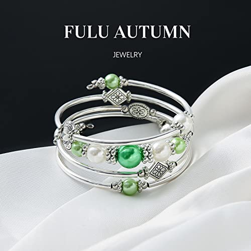 Fulu Autumn Beaded Pearl Bangle Bracelets For Women Silver Wrap Bangles Bracelet Womens Costume Jewelry Fashion Gift(Green) #TOP2
