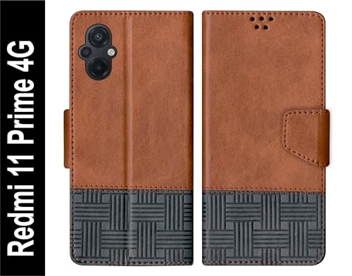 Image of Flip Cover for Redmi 11 Prime 4G Back Cover Case with Magnatic Closure | Inbuilt Stand | Card & Money Pocket (Dual Brown)