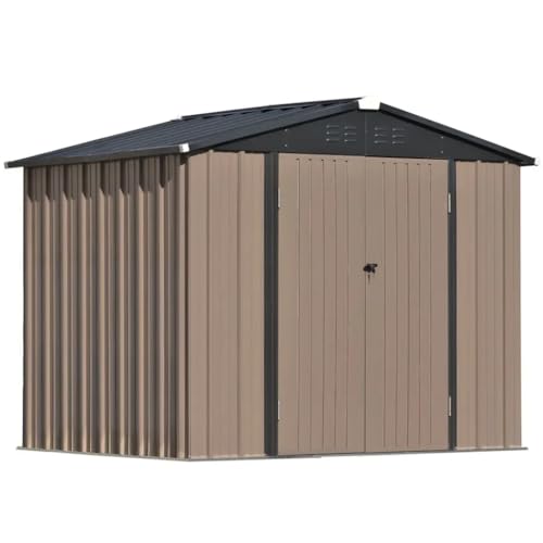 8 Ft. X 6 Ft. Patio Garden Shed With Lockable Door Metal Storage Shed With Vent And Base Frame Tool Cabinet, Brown