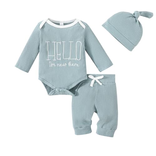Image of EVERGIFTKIDS Newborn Baby Boy Clothes Coming Home Outfits Letter Print Ribbed Knitted Cotton Long-Sleeved Romper Pants Set