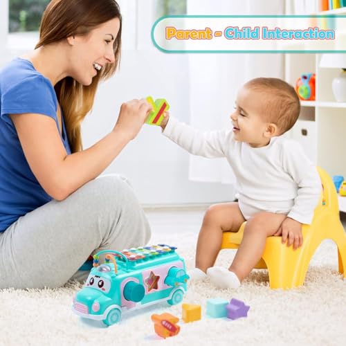 Image of PLUSPOINT Activity Bus Baby School Bus Xylophone Toy for Toddlers Musical Bus Toys for 1 Year Old Shape Puzzles Knocking Xylophone Educational Musical Toys, Birthday Gifts for Boys and Girls