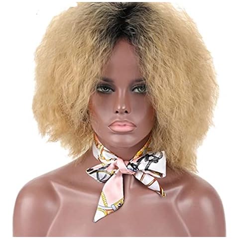 Short Fluffy Hair Afro Kinky Curly Heat Resistant Wig (Blonde) Cover