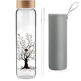 Ferexer 32 oz Glass Water Bottle with Straw, Borosilicate Glass Bottle with Bamboo Lid and Neoprene Sleeve (Tree)