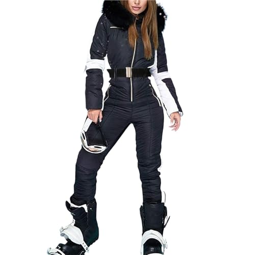YDYAENIO Ski Suit Women Winter Snowboard Jumpsuit Waterproof Windproof Thicken Hooded Outdoor Sportwear for Mountain Hiking(A-Black,L)