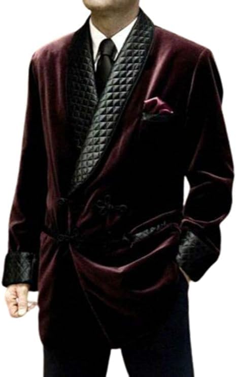 Men's Burgundy Velvet Jacket Men Double Breasted Smoking Jackets Dinner Party Wear Smoking Jacket Black Satin Quiltet Robe