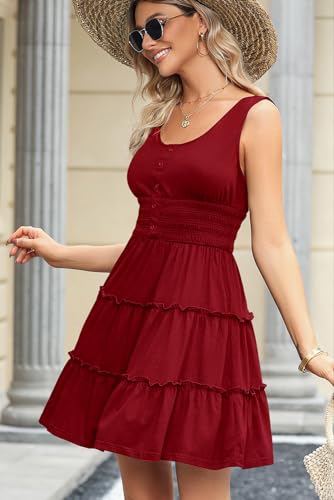 Image of Dokotoo Womens Summer Dresses 2026 Sleeveless Button Down Smocked Empire Waist Ruffle Tiered Casual Swing Mini Dress