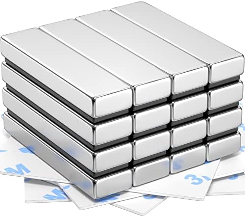FHSVUD 16 Pcs Neodymium Bar Magnet with Double-Sided Adhesive on Back, 40x10x5mm Rectangular Strip Rare Earth Magnets Heavy Duty, for Industrial Cabinet Crafts Building Scientific Kitchen Storage