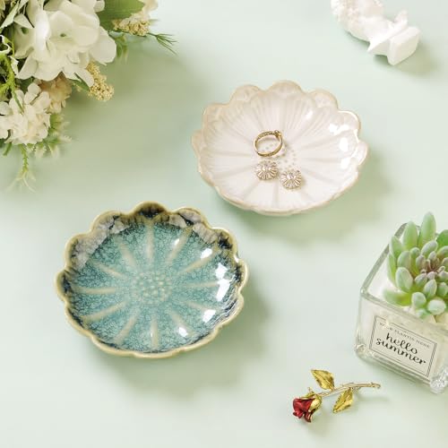 Image of Lotus Ring Holder Dish Small Indoor Ash Tray, Ceramic Dessert Plate Trinket Jewelry Holder Organizing Necklace Earrings for Parents Friends Sister, Deep Green. All Jewelries Are NOT Included.