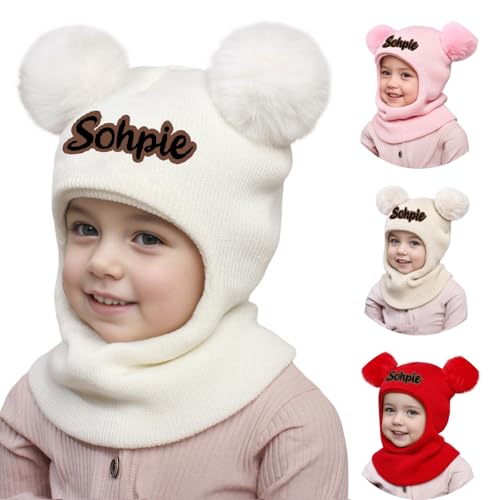 Custom Baby Toddler Winter Hat Scarf Set, Personalized Name Pom