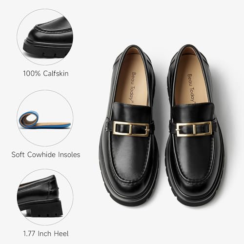Image of BEAU TODAY Platform Loafers for Women,Chunky Loafers Women,Leather Comfortable Shoes,Lug Sole Metal Buckle Business Work Shoes Black