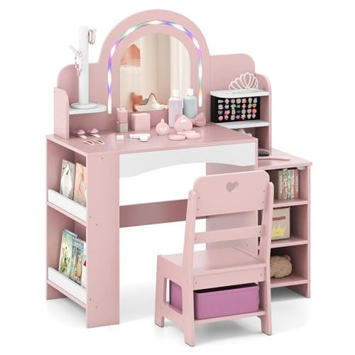 COSTWAY Coiffeuse Enfants Fille avec Chaise & Miroir Éclairé, Bureau Enfant Fille avec Bibliothèque & Étagères Ouvertes & Support pour Bijoux, Dispositif...