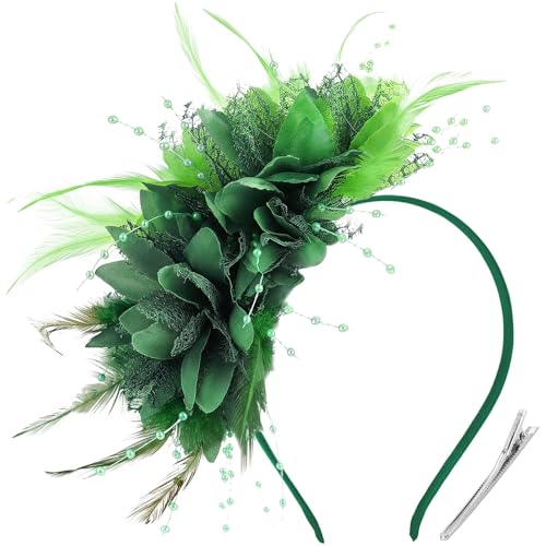 Image of DRESHOW Womens Fascinators Hats Tea Party Hats for Women Pearl Lace Feather Hat Vintage Derby Hats for Wedding Cocktail