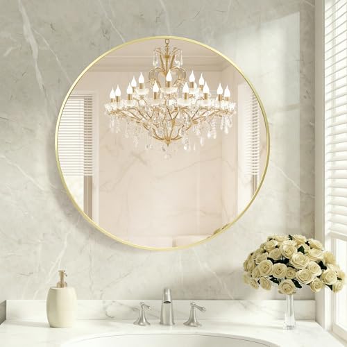 DUMOS 30 Inch Round Wall Mirror Bathroom Mirror Gold