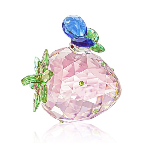 H&D HYALINE & DORA Figura decorativa de cristal rosa con diseño de fresa con mariposa, adorno de cocina de frutas de cristal para el hogar y la mesa de las madres