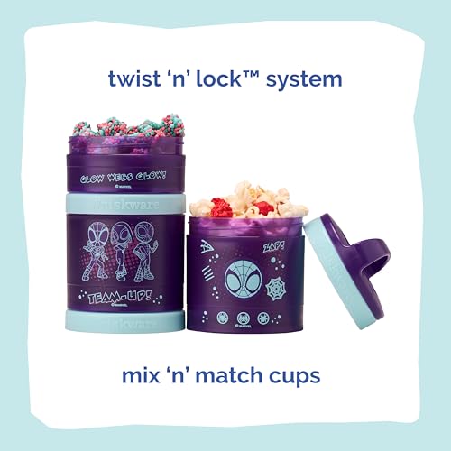 Image of Whiskware Spider-Man Team Spidey Stackable Snack Containers for Babies, Kids, and Toddlers, 3 Stackable Snack Cups for School or Travel, Cupholder Friendly, Glow Webs Glow!