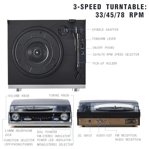 Vintage All-in-One Record Player with Built-in Speakers, 3-Speed 33/45/78 RPM Turntable, FM Radio, RCA & Headphone Output, Black Wood Finish — No Bluetooth - Les Beatles, Paul McCartney, John Lennon, RIngo Starr, George Harrison Vintage All-in-One Record Player with Built-in Speakers, 3-Speed 33/45/78 RPM Turntable, FM Radio, RCA & Headphone Output, Black Wood Finish — No Bluetooth – Image 3