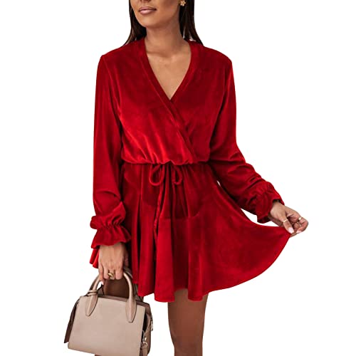 Women's V Neck A-Line Dress Mini Swing Party Wedding Long Flared Sleeve Dresses Casual Soft Velvet Belted Dress (Red, Xxl) #TOP2