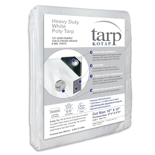 Kotap 10 x 10 Ft. Heavy-Duty Protection/Coverage Tarp Superior Weave for Greater Longevity 8-mil Multi-Use Waterproof White 1-Pack (TRW-1010)
