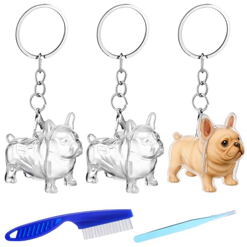 Nosiny 3 Pcs Dog Hair Collector Keychain Charm Memorial Storage Box Plastic Pet Fur Holder Keyring Cute Dog Hair Keepsake Collection with Tweezers Comb Memorial Gift for Pet Lovers(French Bulldog)