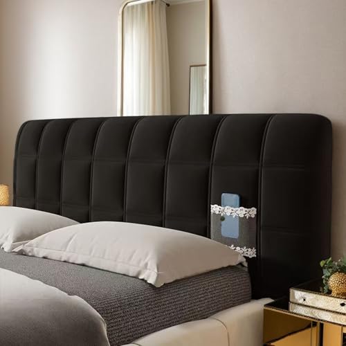 DOSYCOVUR Protector de cabecero de terciopelo suave, a prueba de polvo, lavable, funda completa para camas dobles individuales tamaño King, funda acolchada para cabecera alta de madera, color negro,