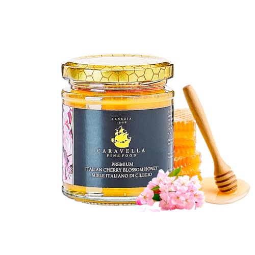 Miel de Flor de Cerezo 250 gr Caravella Fine Food| Italiana Flor de Primavera Pura Cruda Sin Pasteurizar| Ámbar Claro con Notas Florales Afrutadas Rica en Antioxidantes| Ideal para Té Queso Desayuno