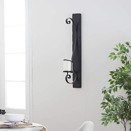 Deco 79 Metal Geometric Pillar Wall Sconce With Wood Wall Mount, 8" X 5" X 36", Black #TOP15