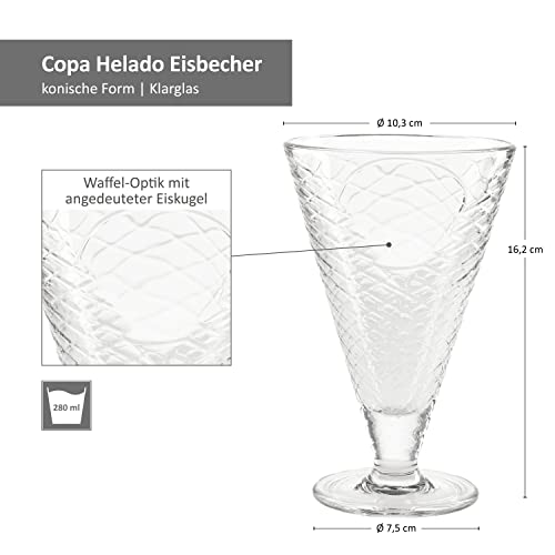 MamboCat 6er Set Copa Helado Eisbecher mit Fuß aus Glas I Klar I 340 ml I mit Waffel-Relief I konische Dessert-Schälchen, Eisgläser, Früchtebecher I für Vorspeisen, Cocktails, Eiscreme & Desserts