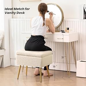 Furniliving vanity stool 1975 w x 1475 w x 185 h sherpa vanity bench with storage faux fur vanity chair for makeup room comfy foot rest modern ottoman for bedroom living roomivorywhite  urban country home decor