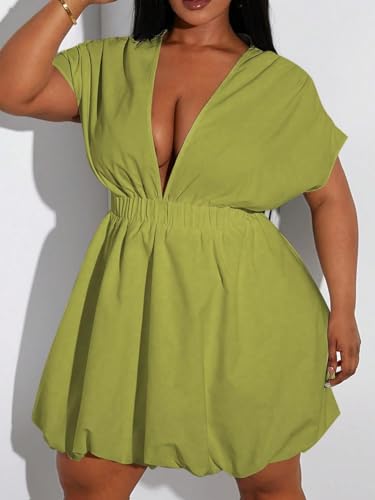 Image of WDIRARA Women's Plus Size Deep V Neck Bubble Dress Short Sleeve A Line Mini Dresses